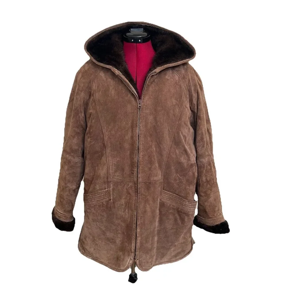 Vtg St Johns Bay Suede Leather Faux Fur Lined Jacket Zip Hood Womens Sz M Brown - Picture 1 of 11